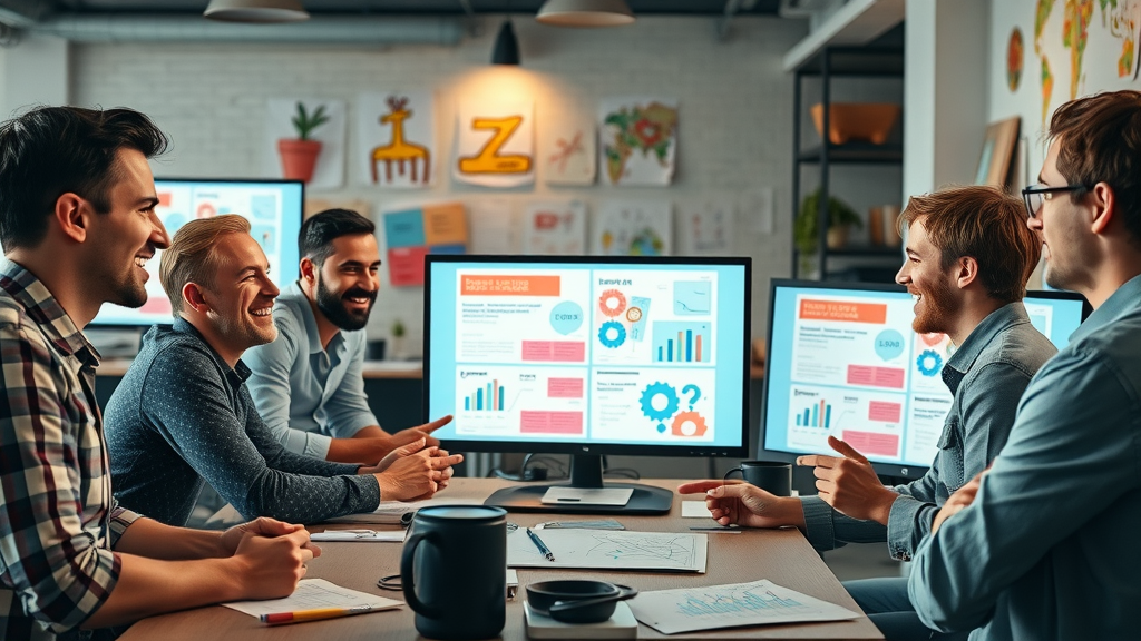 creative team brainstorming compelling programmatic marketing ad designs digital office