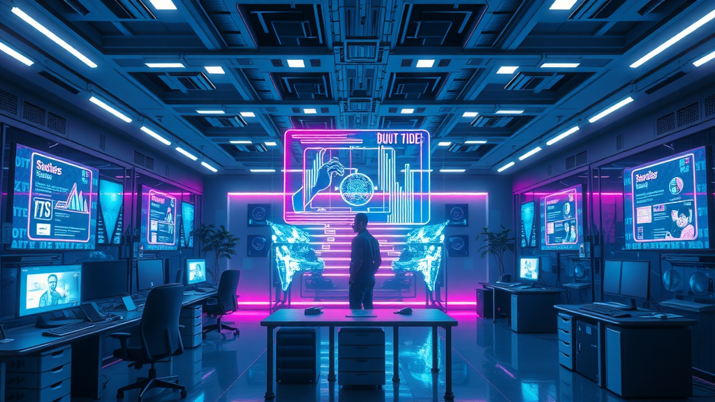 Futuristic AI-powered digital marketing hub with holographic display ads adapting in real time for next-gen display ads for marketing