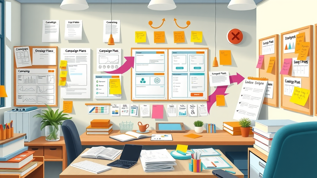 Creative workspace with campaign plans and wireframes for display ads for marketing setup