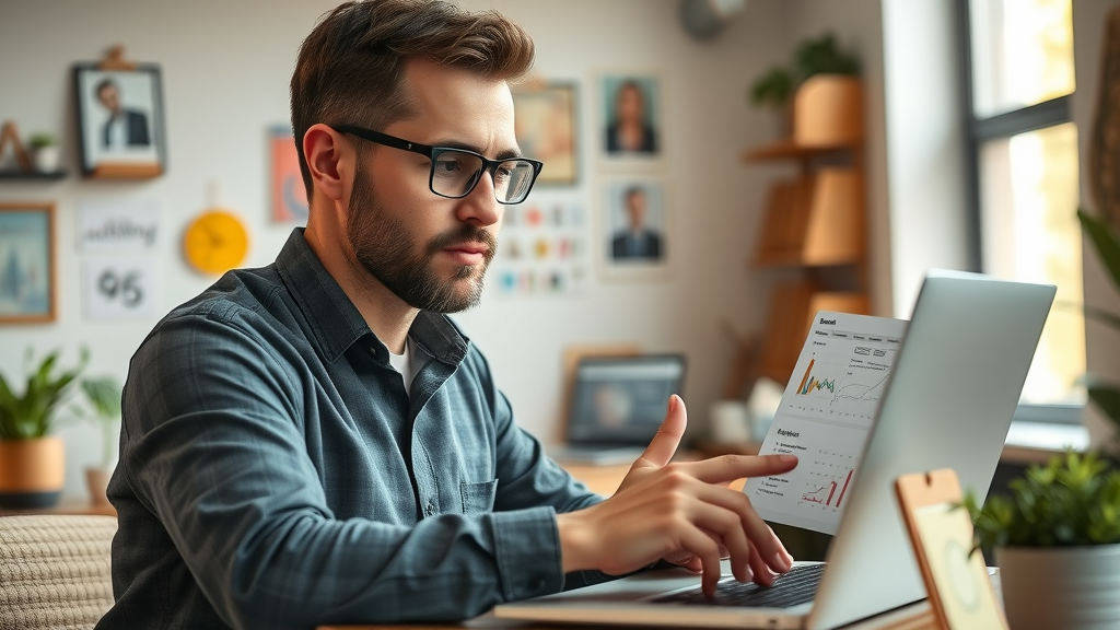digital marketing strategist planning paid advertising campaigns studying dashboards home office
