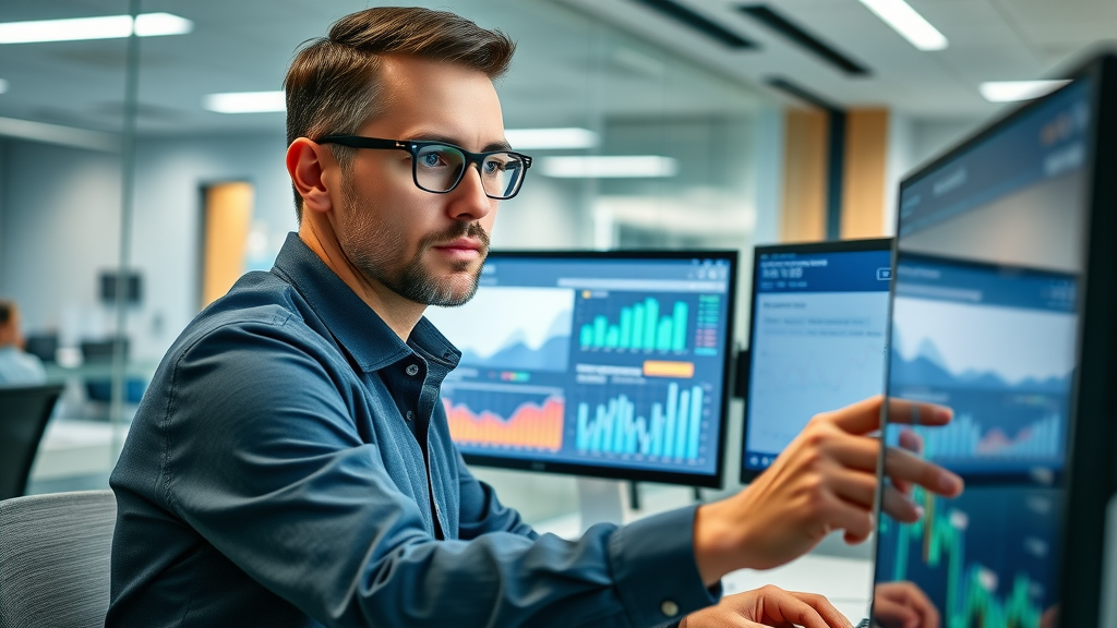 programmatic marketing dashboard with digital advertising charts in modern agency office