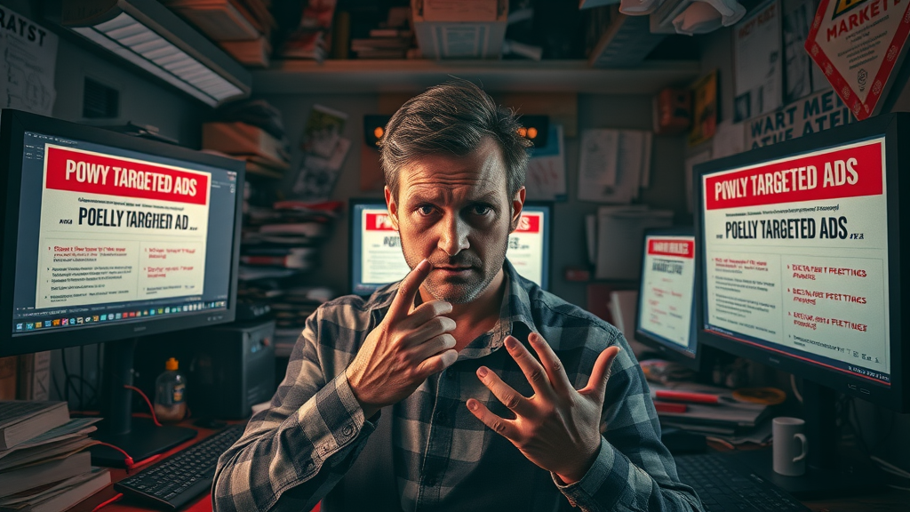 Worried marketer and poorly targeted display ads demonstrating pitfalls in display ads for marketing