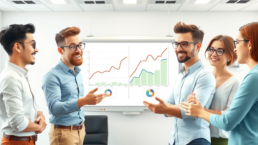 marketing team collaborating intertwining graphs paid and organic traffic mutual growth digital marketing