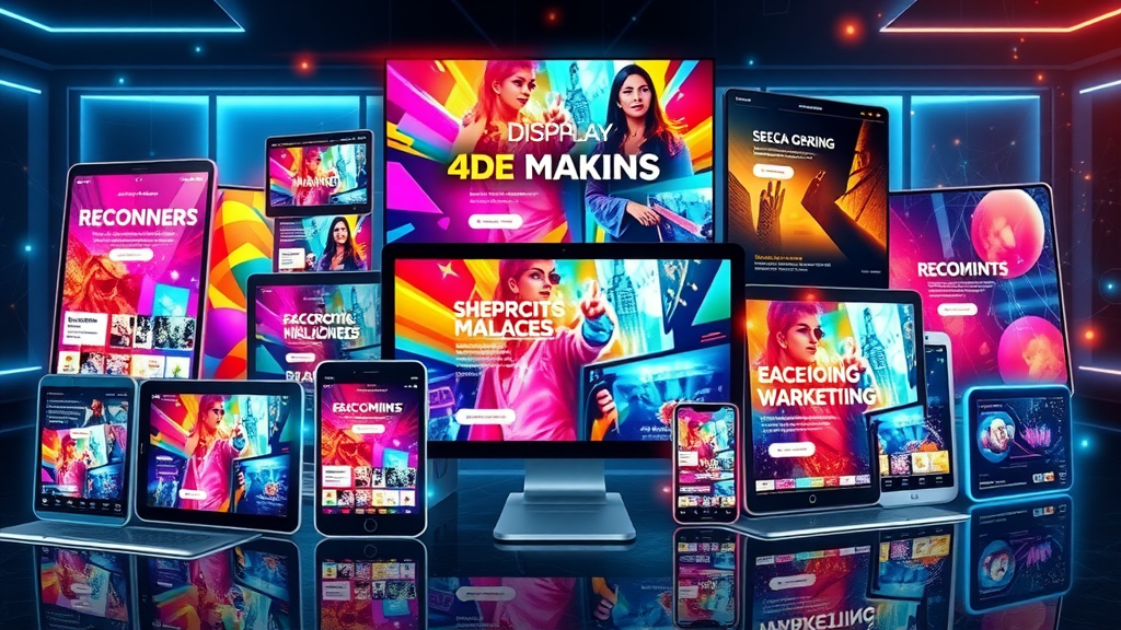 Vibrant collage of display ad types including banner, video, and native ads on digital devices for display ads marketing