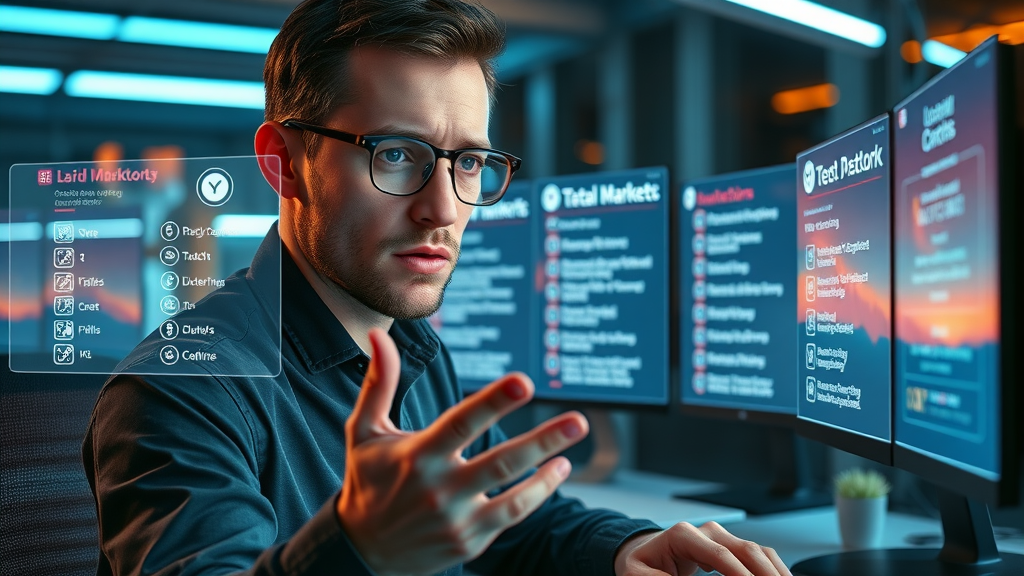 digital marketer comparing paid traffic platforms options digital marketing futuristic floating screens