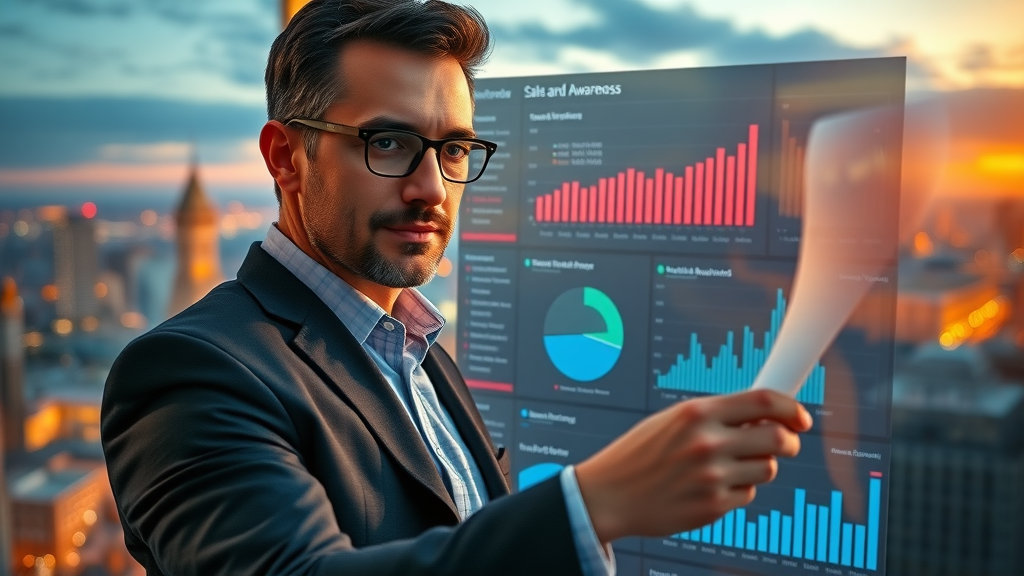 Business professional reviewing sales and brand awareness metrics increased by display ads for marketing