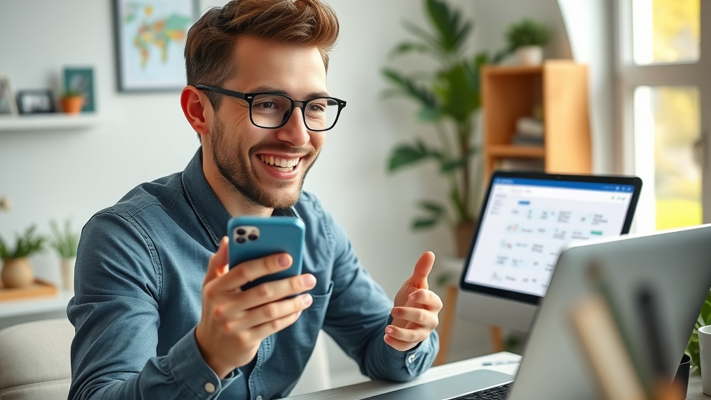 Entrepreneur setting up virtual receptionist call answering on mobile app and laptop