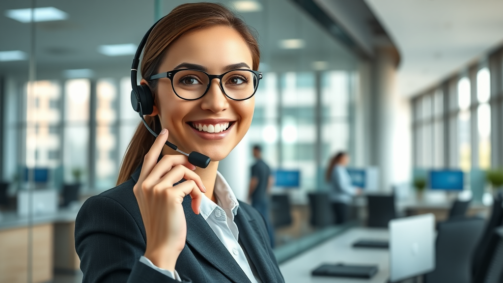 Professional modern office environment with friendly virtual receptionist, virtual receptionist call answering in a London corporate setting