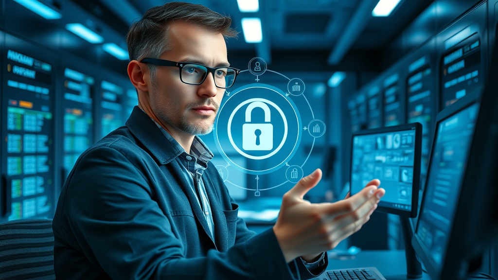 Secure modern data centre with digital security overlays, IT admin reviewing call answering service integrations, virtual office and data protection emphasis.