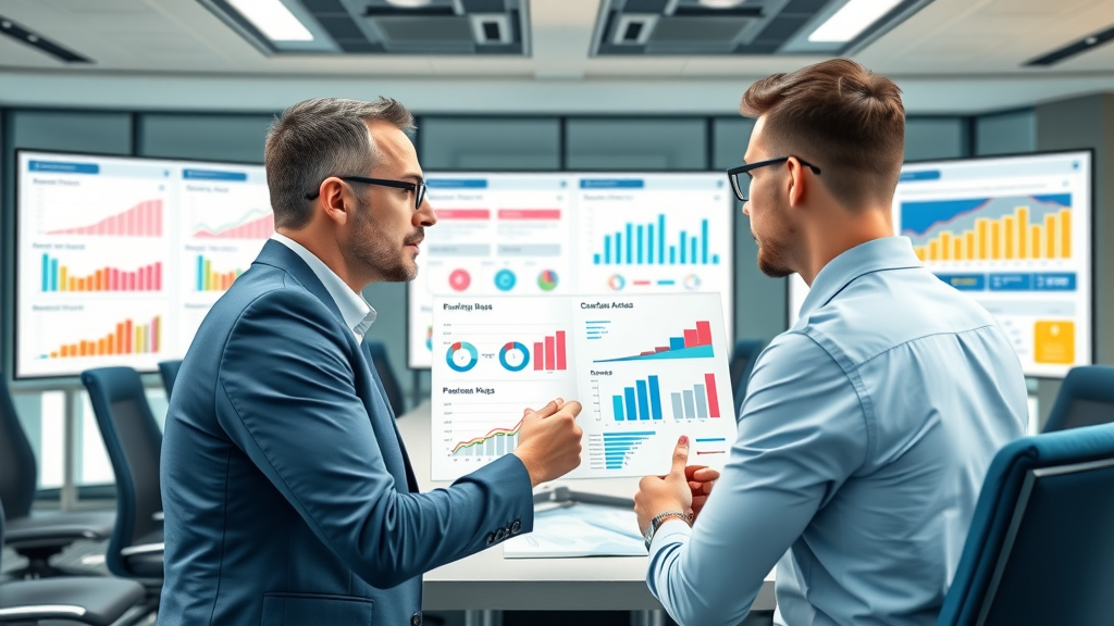 Business analyst reviewing charts comparing phone answering service metrics, London boardroom, service ratings and features on display.