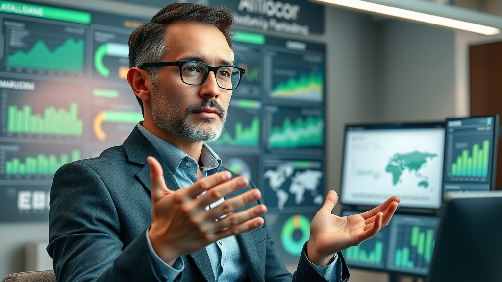 Futuristic digital marketing team using digital marketing AI consultancy, confident and focused, collaborating over digital screens in a modern high-rise office.