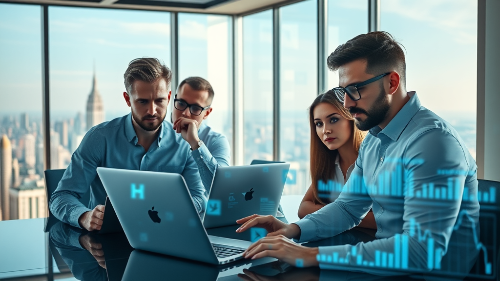 Futuristic digital marketing team using digital marketing AI consultancy, confident and focused, collaborating over digital screens in a high-rise office overlooking a cityscape with data projections.