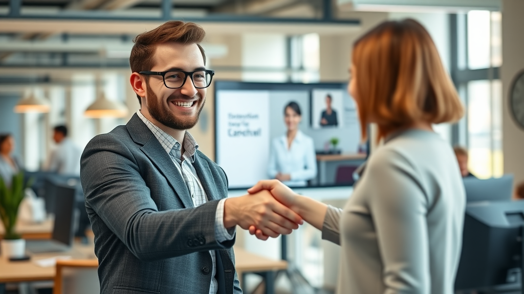Confident small business owner shaking hands with virtual receptionist via monitor in London startup office, partnership and relief, visible tech in background.