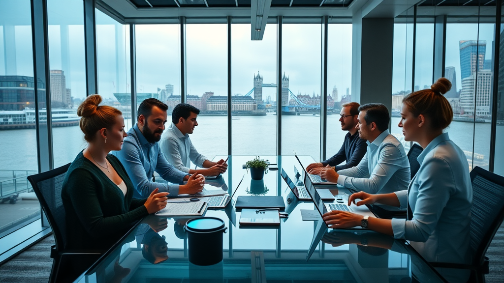 Modern digital marketing agency workspace, social media team collaborating, Thames River view, glowing digital devices, natural, photorealistic, energised workplace