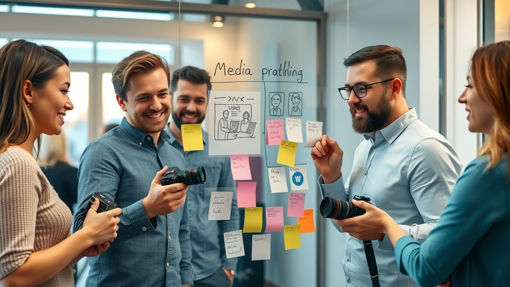 Creative London agency team storyboarding social media video campaign on glass board, video production planning, photorealistic, bright studio, cameras and sticky notes, natural focus