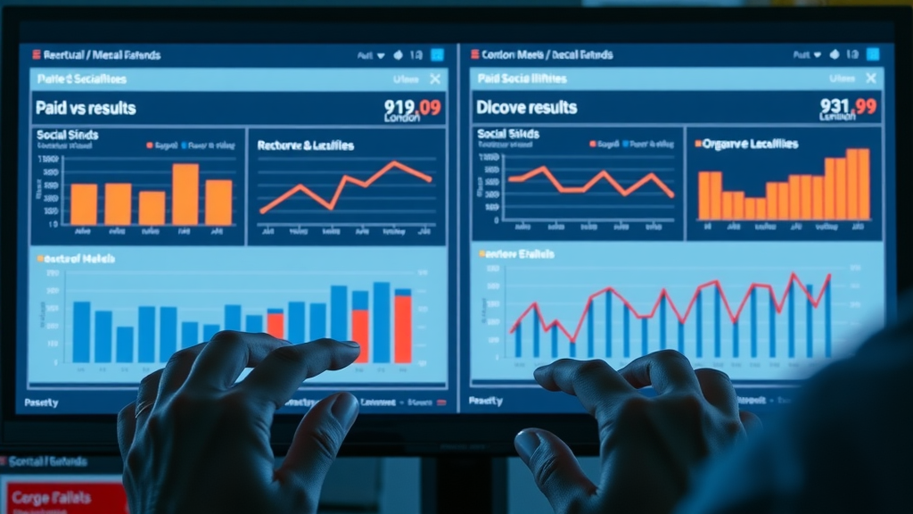 Comparative dashboard showing paid vs organic social media marketing results for London brands, split-screen analytics, clear graphs and metrics, photorealistic, digital display