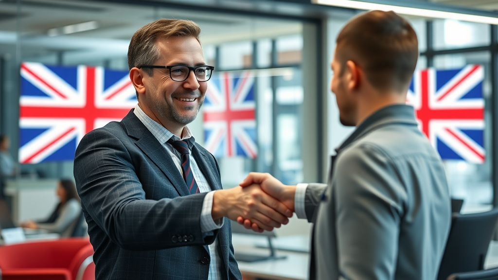 modern UK business consultant, shaking hands with a client in a high-tech office, digital ad displays, pay for website traffic uk handshake