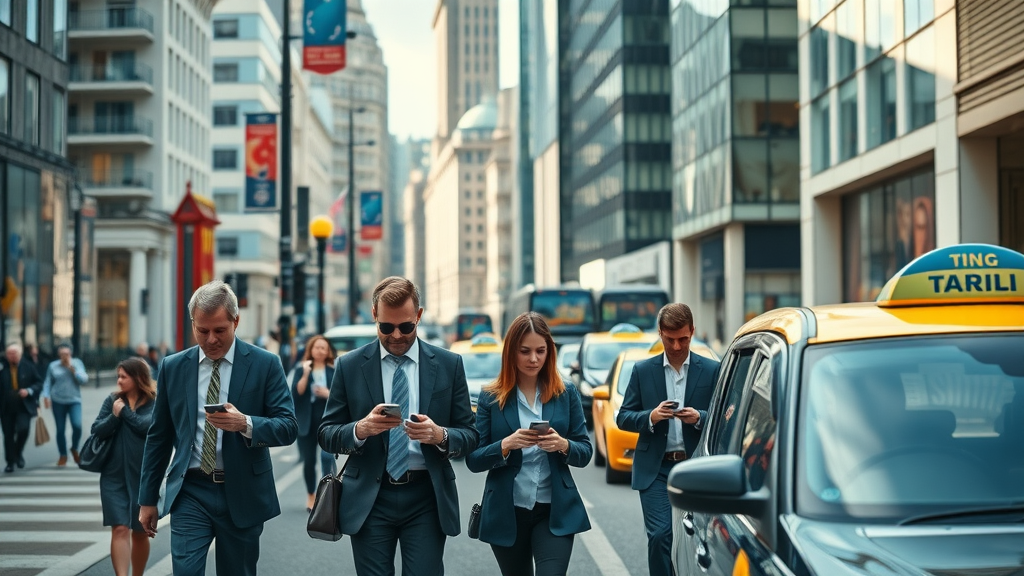 vibrant downtown London business district, bustling atmosphere, UK professionals walking and engaging on smartphones, cityscape with iconic London buildings, highly detailed movement of people and taxis, pay for website traffic uk