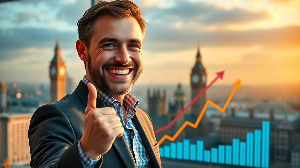 successful UK entrepreneur, celebrating website traffic and sales growth over a digital dashboard, London skyline in background, pay for website traffic uk