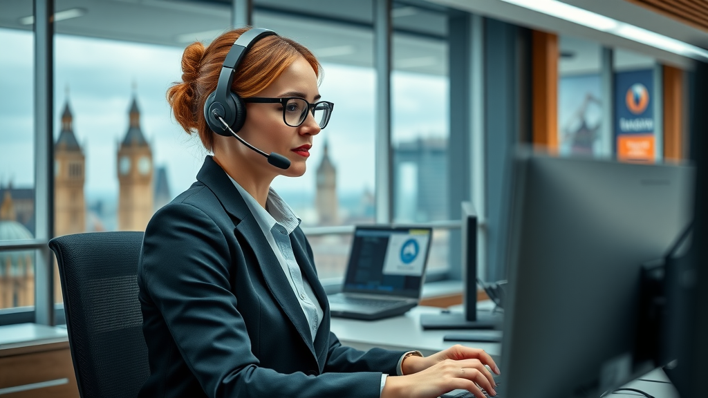 Professional legal office with attentive virtual receptionist coordinating calls for legal and healthcare professionals, London skyline in background, efficiency and support atmosphere.