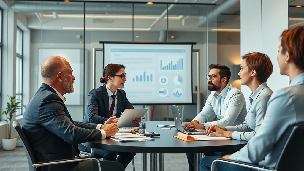 Mid-sized business team discussing digital marketing AI consultancy challenges and solutions in a photorealistic conference room.