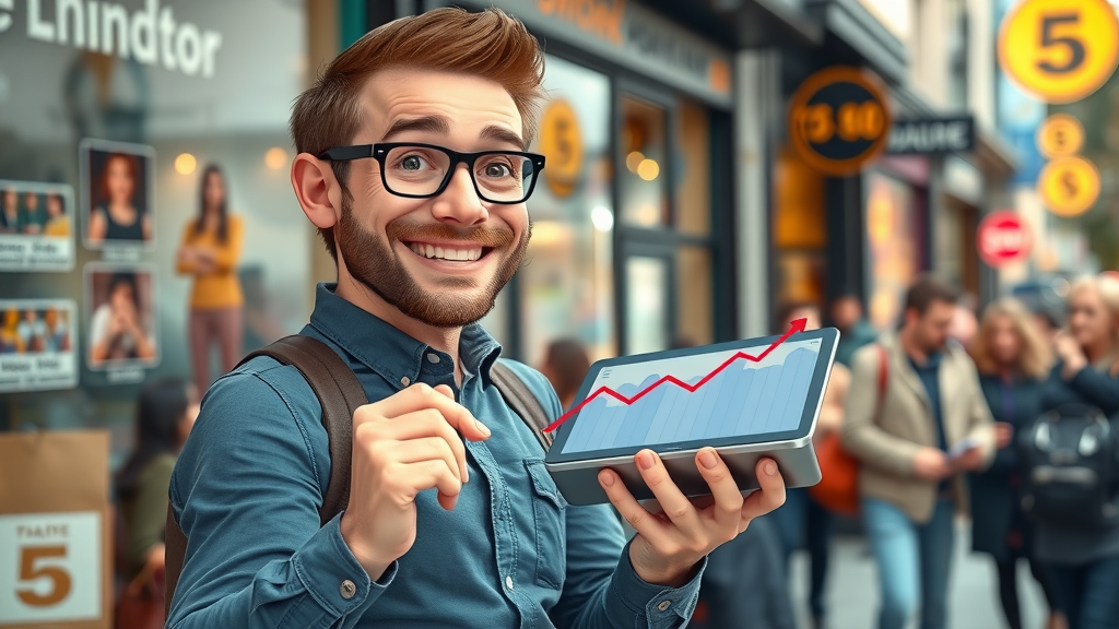 UK business owner showing increased website traffic stats outside Greater London shop