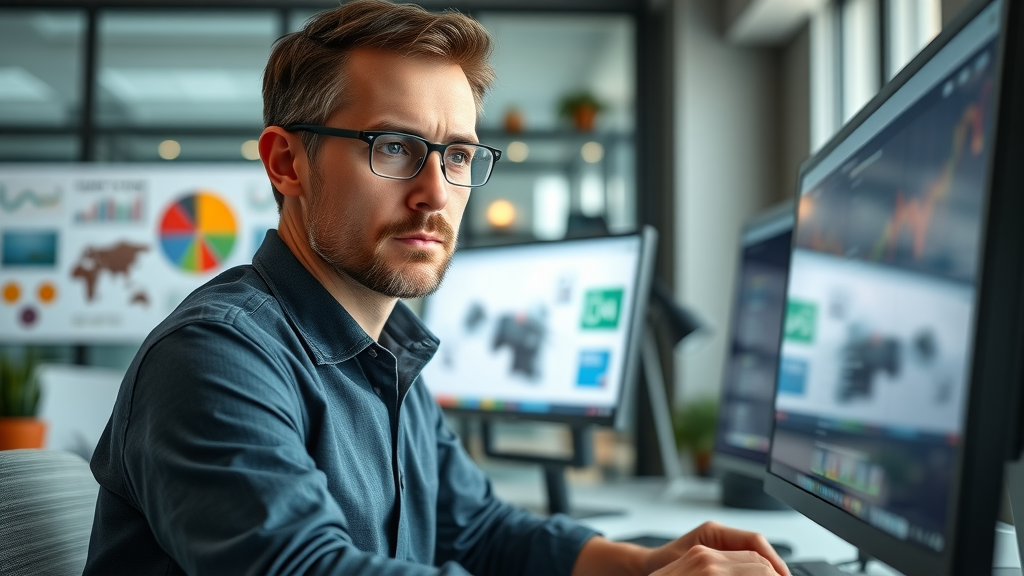 insightful digital marketing analyst, reviewing web traffic on a large computer screen, modern office, marketing materials, analyzing pay for website traffic uk