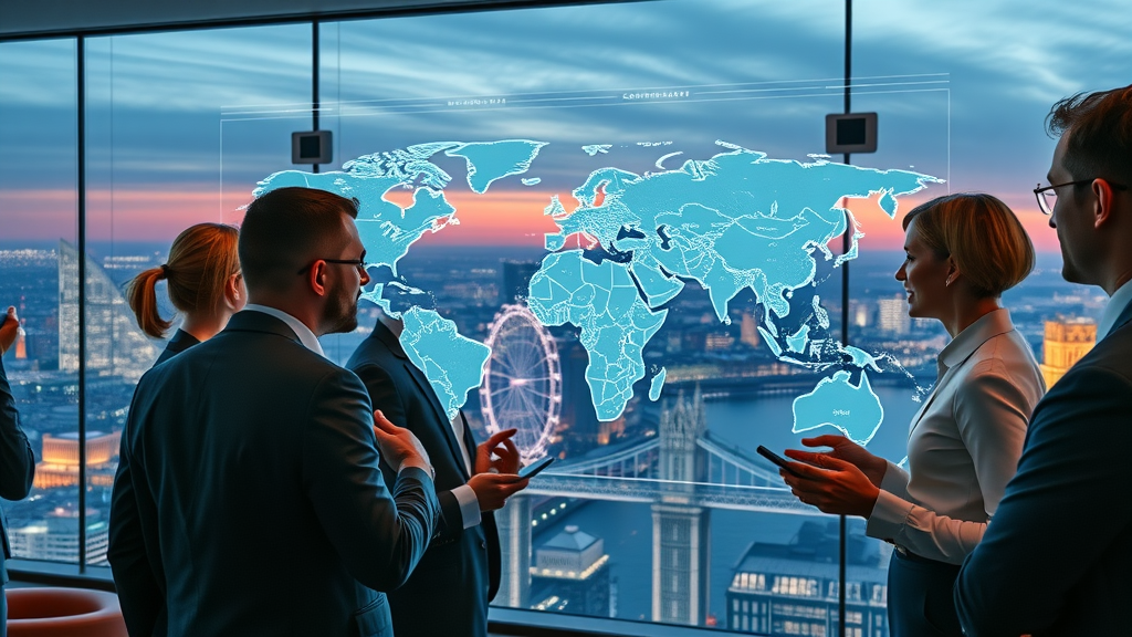 Marketing team reviewing global geo targeted website traffic data in office overlooking London and international skylines