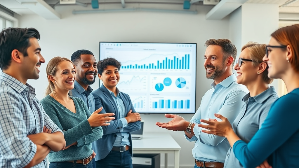 strategic UK marketing team, evaluating digital ad campaign performance, open-plan office, digital graphs and charts, successful pay for website traffic uk