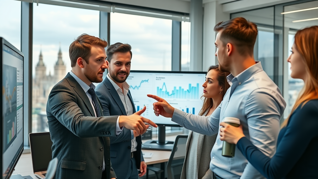 London digital marketing agency team analyzing social media metrics, collaborative campaign planning in office, London skyline backdrop, photorealistic workspace, digital dashboards visible