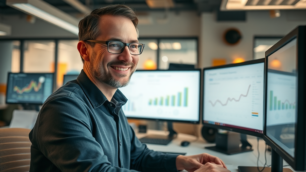 analytical business owner, reviewing conversion rates on Google Analytics dashboard, office filled with monitors, measuring website traffic and ROI, pay for website traffic uk