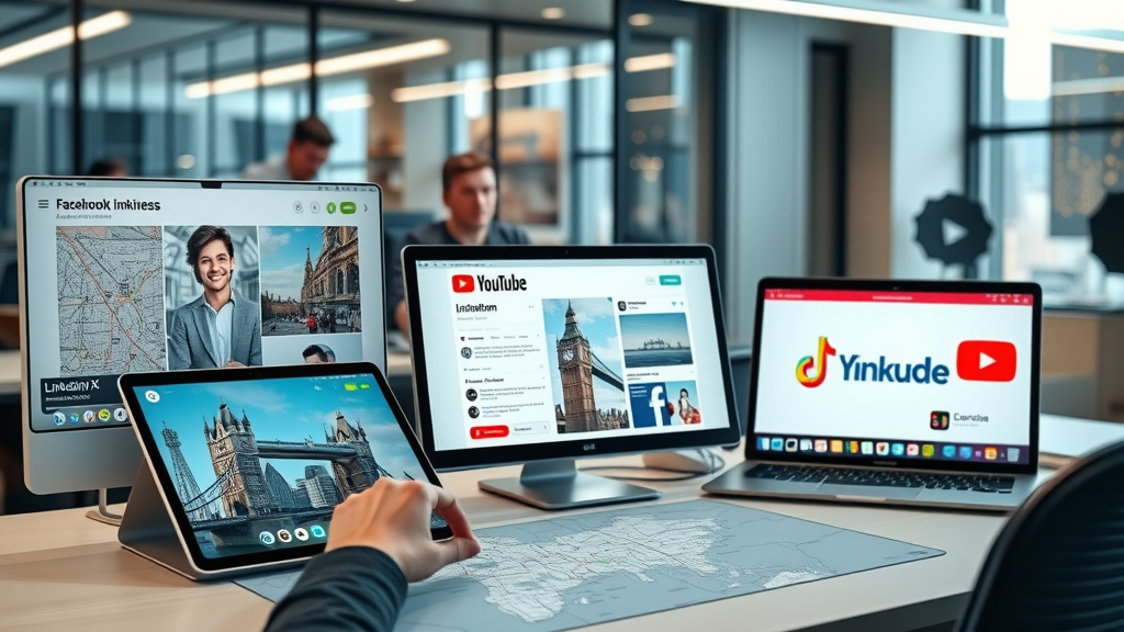 Digital devices displaying London business social media platforms, including Facebook, Instagram, LinkedIn, Twitter/X, TikTok, YouTube, photorealistic, office desk with city maps, platform UI’s visible