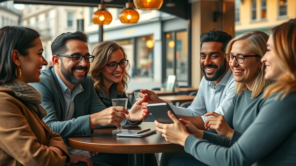 Diverse London business owners discussing social media results in cafe, tablets showing viral posts, animated reactions, photorealistic, friendly interaction, natural setting