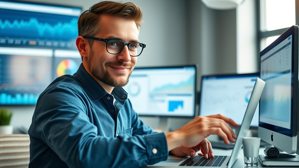 dynamic digital marketer, adjusting PPC campaign settings on a laptop, modern workspace, screens displaying analytics, google ads, paid traffic uk