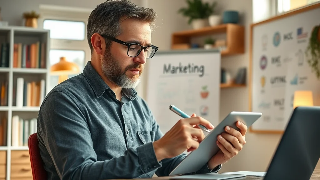 Outsourced content writing strategist assessing digital marketing data and content results in a cozy, well-lit office, representing content strategy expertise and agency value