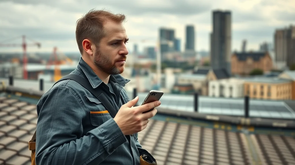 Professional London roofer on a rooftop answering a client call amid construction projects