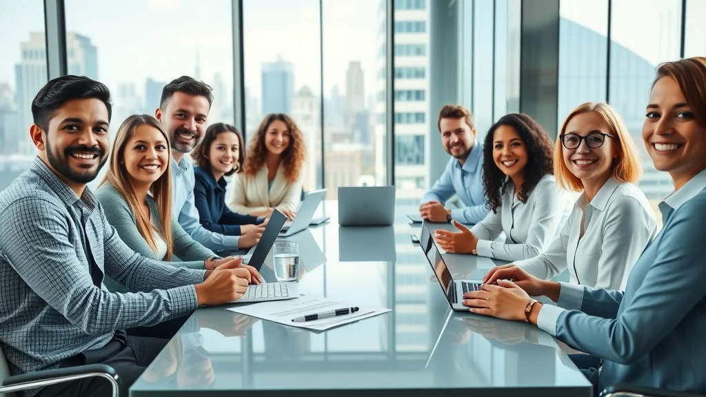 Outsourced content creation agency team in a creative, modern office with city skyline—demonstrating dynamic marketing agency collaboration and content creation workflow
