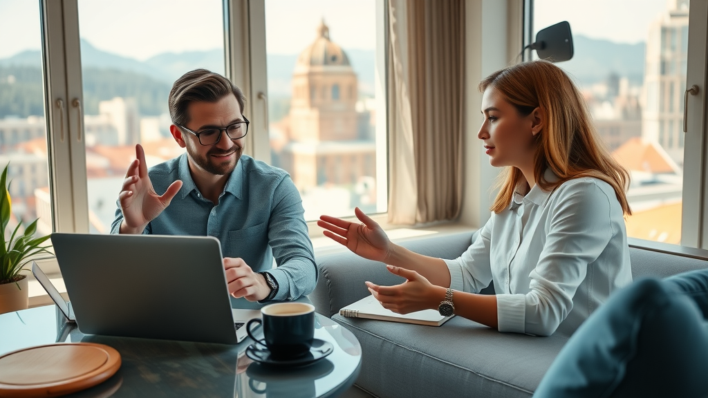 Modern remote collaboration on content creation—marketing agency professionals sharing plans via video conferencing