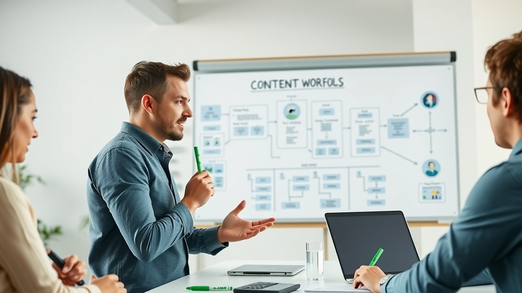 Motivated agency founder mapping content creation workflows with team on whiteboard—content marketing agency