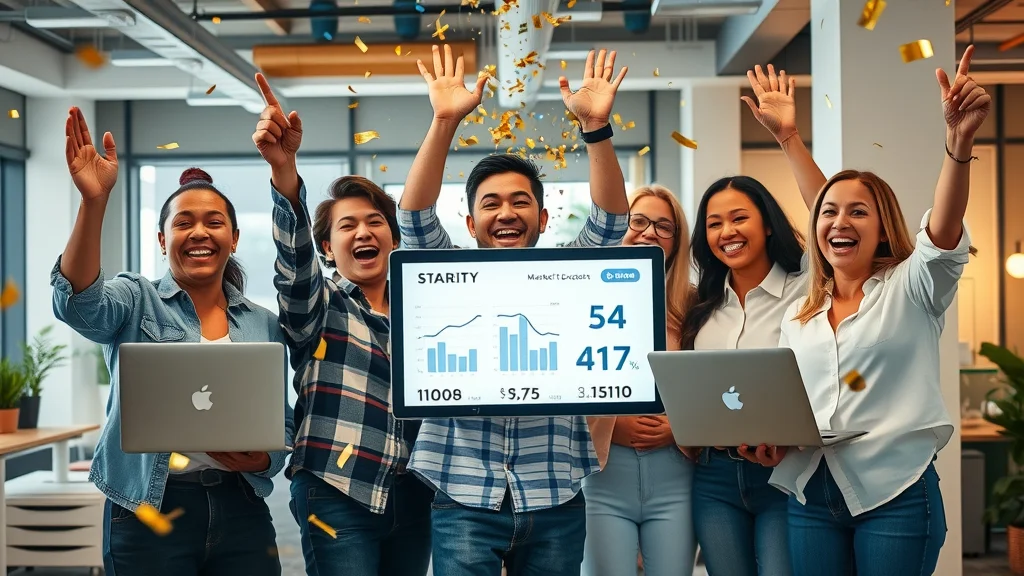 Excited marketing team celebrating repurposing business content for marketing success with laptops and digital analytics screen