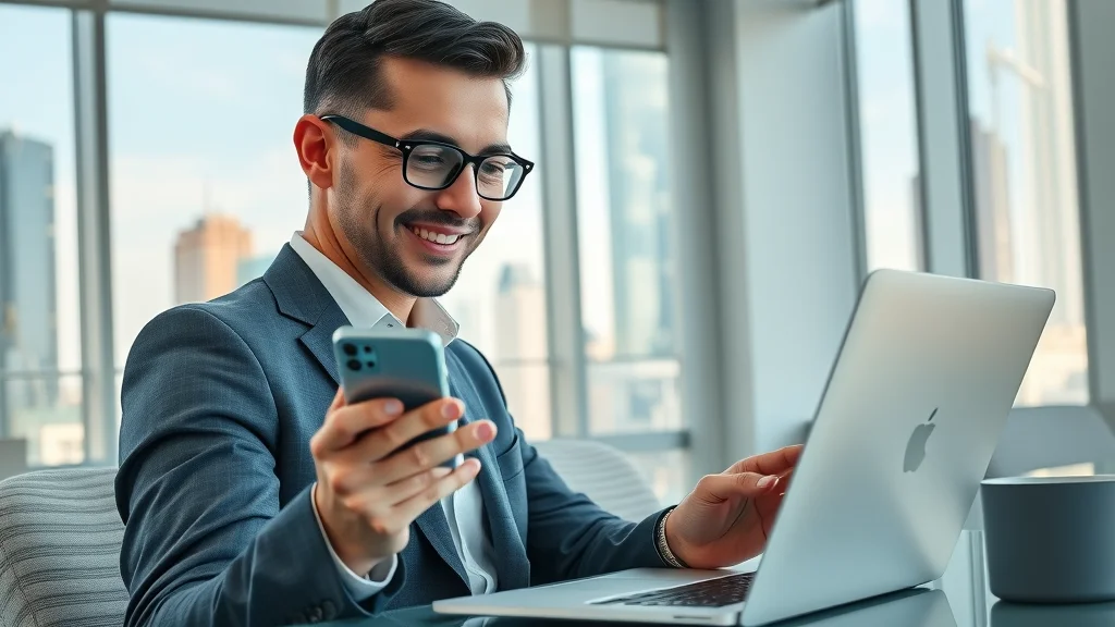 Professional using chatbot marketing and repurposed business content for marketing on laptop and smartphone in modern office