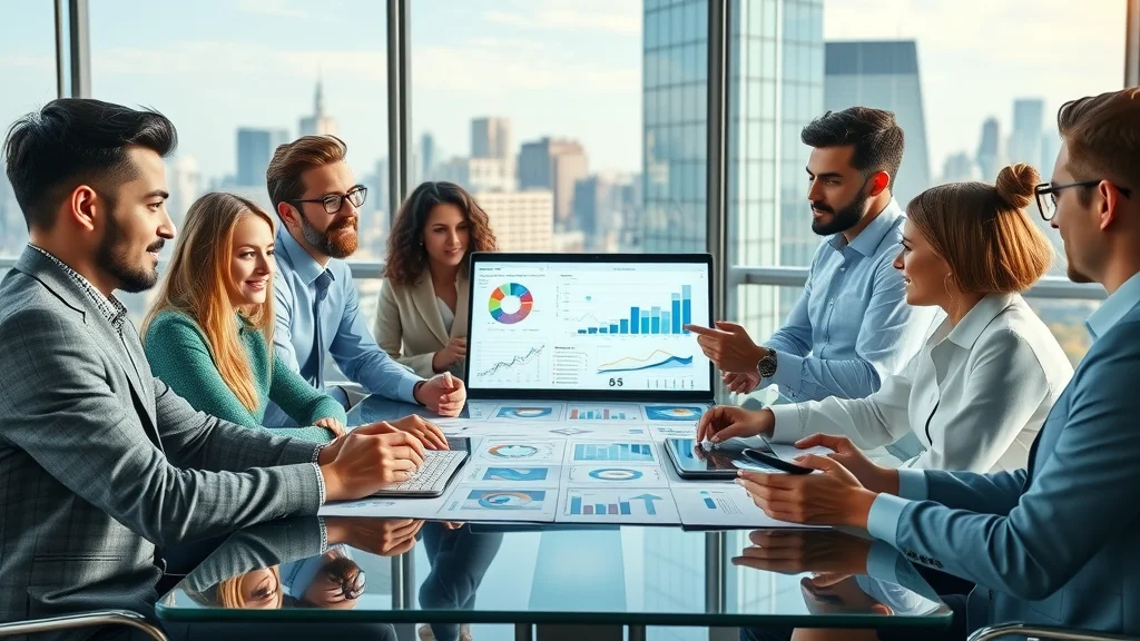 Marketing team using analytics and creative assets for repurposing business content for marketing, in a modern glass meeting room