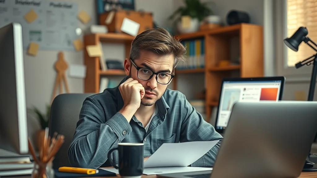 Stressed content marketer brainstorming repurposed business content for marketing at a desk in a home office