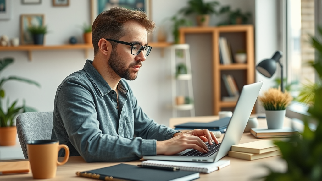 Focused content creator working on content writing and media content creation at a minimalist desk—hire outsourced content creation agency