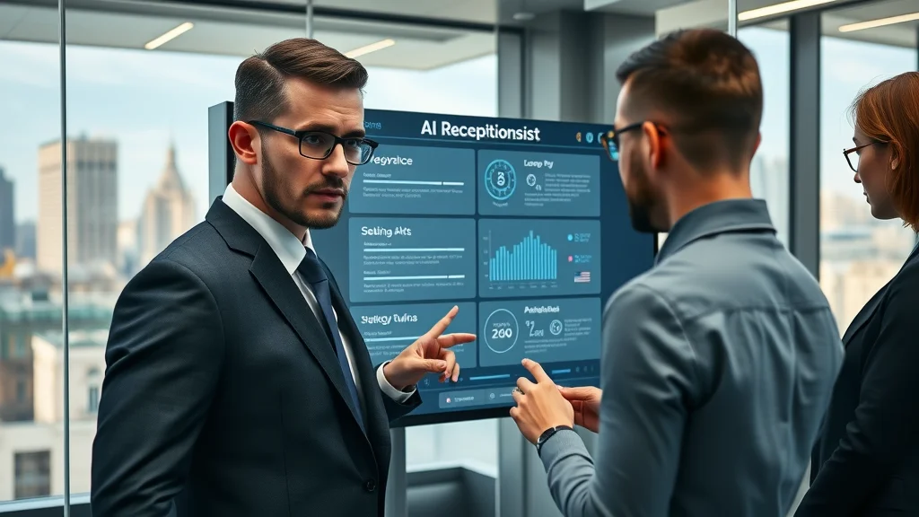 Custom-branded AI receptionist dashboard for London law firm – legal team customising call handling and answering service features within a professional high-tech office.