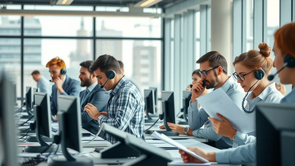 Modern London construction office with busy phone lines and staff managing calls for roofers and building contractors