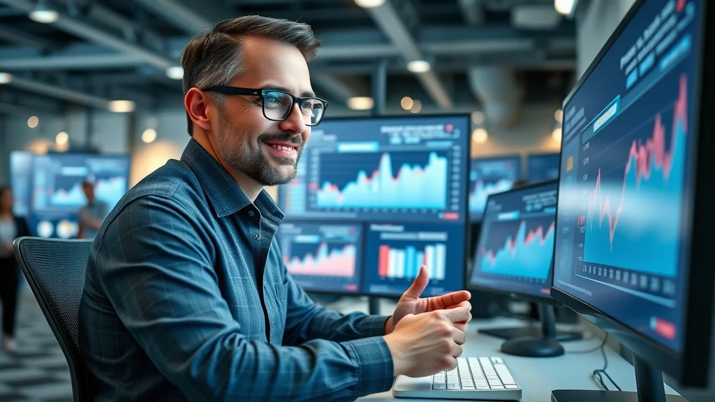 Digital marketing manager reviewing paid website traffic analytics and lead generation campaign performance in a modern workspace.