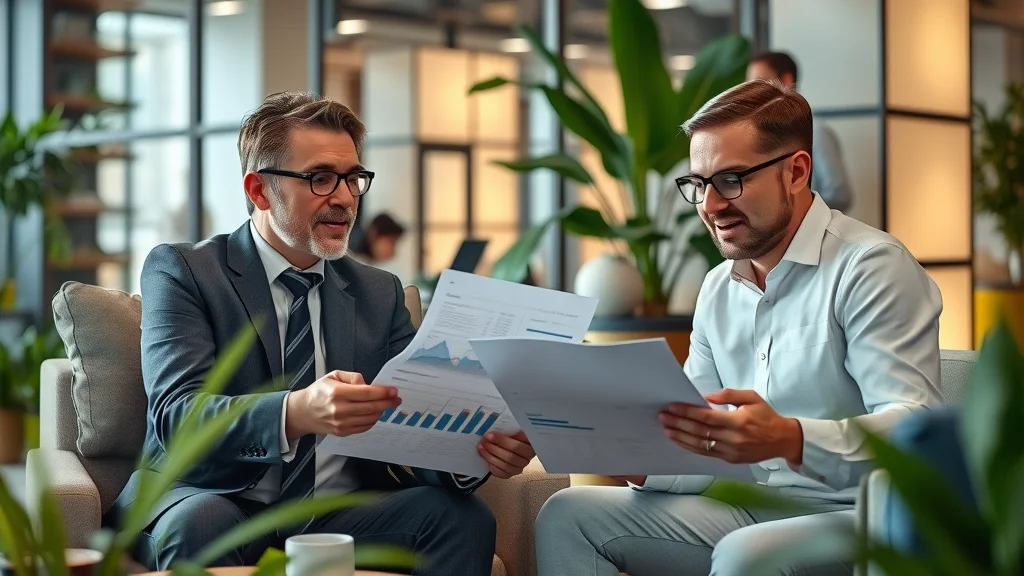 CEO and HR officer discussing key marketing strategies with a fractional chief marketing officer, reviewing performance reports and digital growth insights together