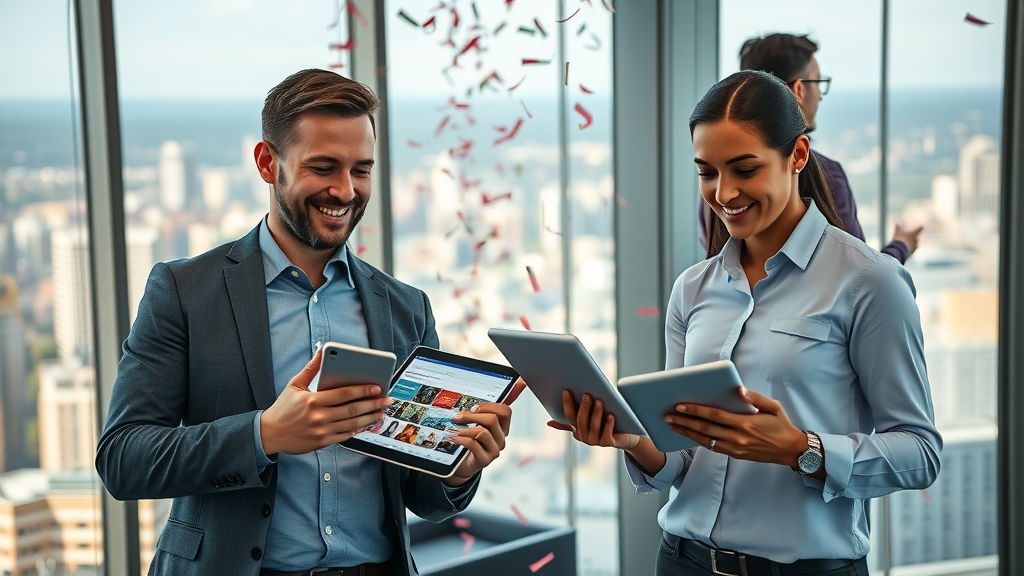 Product manager and marketers launching branded digital content using tablets—content creation for business stakeholders