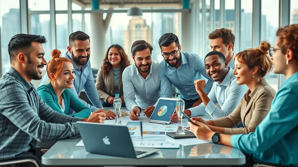 Collage of diverse business owners and marketing teams collaborating with a fractional chief marketing officer, strategic market planning session in a modern workspace